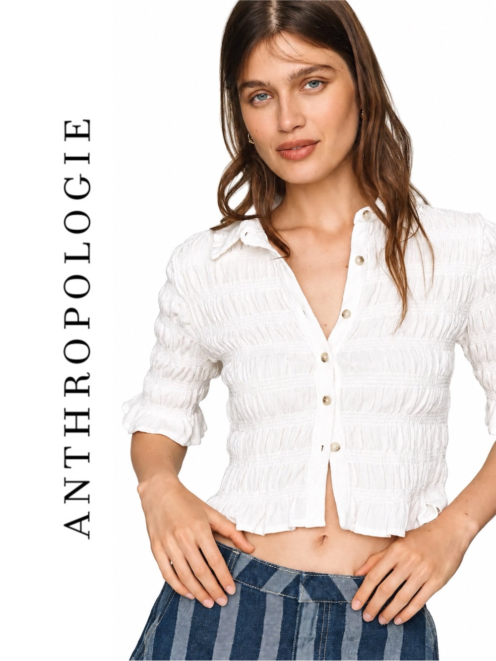 Anthropologie Maeve Smocked Button-Front Top